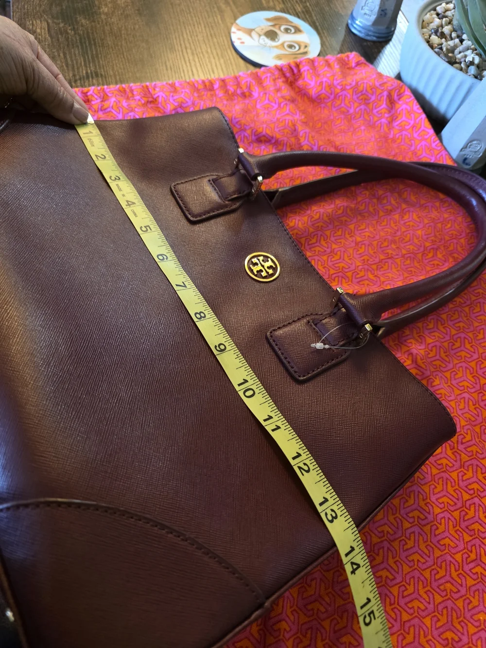 Tory Burch Plum Leather Double-Handle Tote with Gold Logo